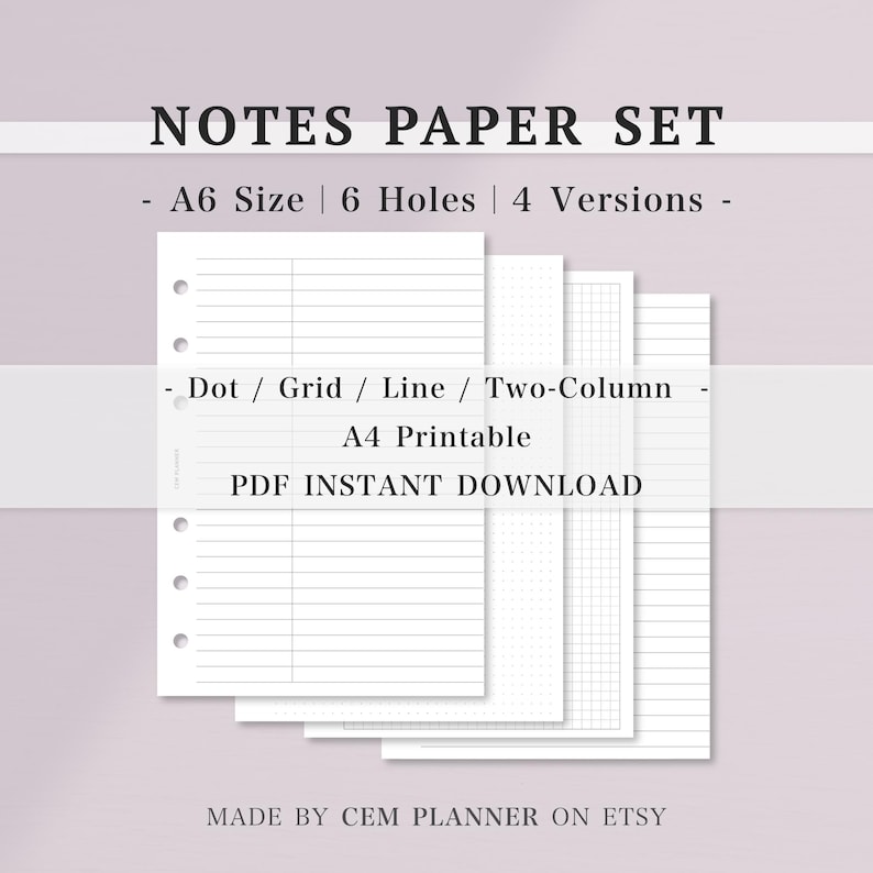 Basic Notes Papier Set｜A6 Größe 6 Ring｜Gitter, Punkt, Liniert, zweispaltige Seiten｜Casual, Memo Notes Vorlage｜A4 druckbare Einsätze｜PDF Download｜53 Bild 1