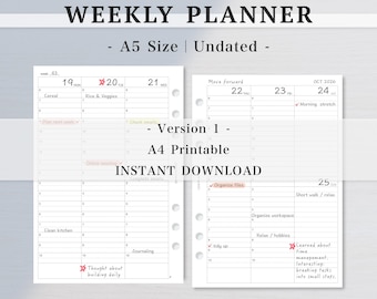 Undatierter A5 Wochenplaner Printable｜ Stundenplaner, Wochenübersicht｜ Doppelseitiges Design｜ A4 druckbarer PDF-Download｜ Loses Blattpapier｜81