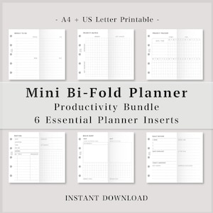 Op de afbeelding: Een mini bi-fold planner productiviteitsbundel met zes essentiële planner-inlays in A4- en US Letter-formaat. De witte pagina's bevatten lay-outs voor een wekelijkse takenlijst, prioriteitenmatrix, projecttracker, vergadernotities, brain dump en dagelijkse review.