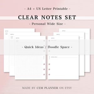 May include: Printable planner pages with the text "CLEAR NOTES SET". The pages include sections for notes, titles, tags, dates, quick ideas, and doodle space. The design is in black and white, with a grid and dot pattern. A4 and US Letter sizes.