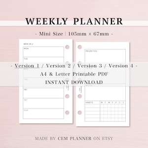 M5 Weekly Planner Insert｜Mini Size｜Undated ｜Priorities, To do, Notes, Habits Pages｜Lined, Blank Notes｜Loose-leaf｜A4 & Letter Printable｜047