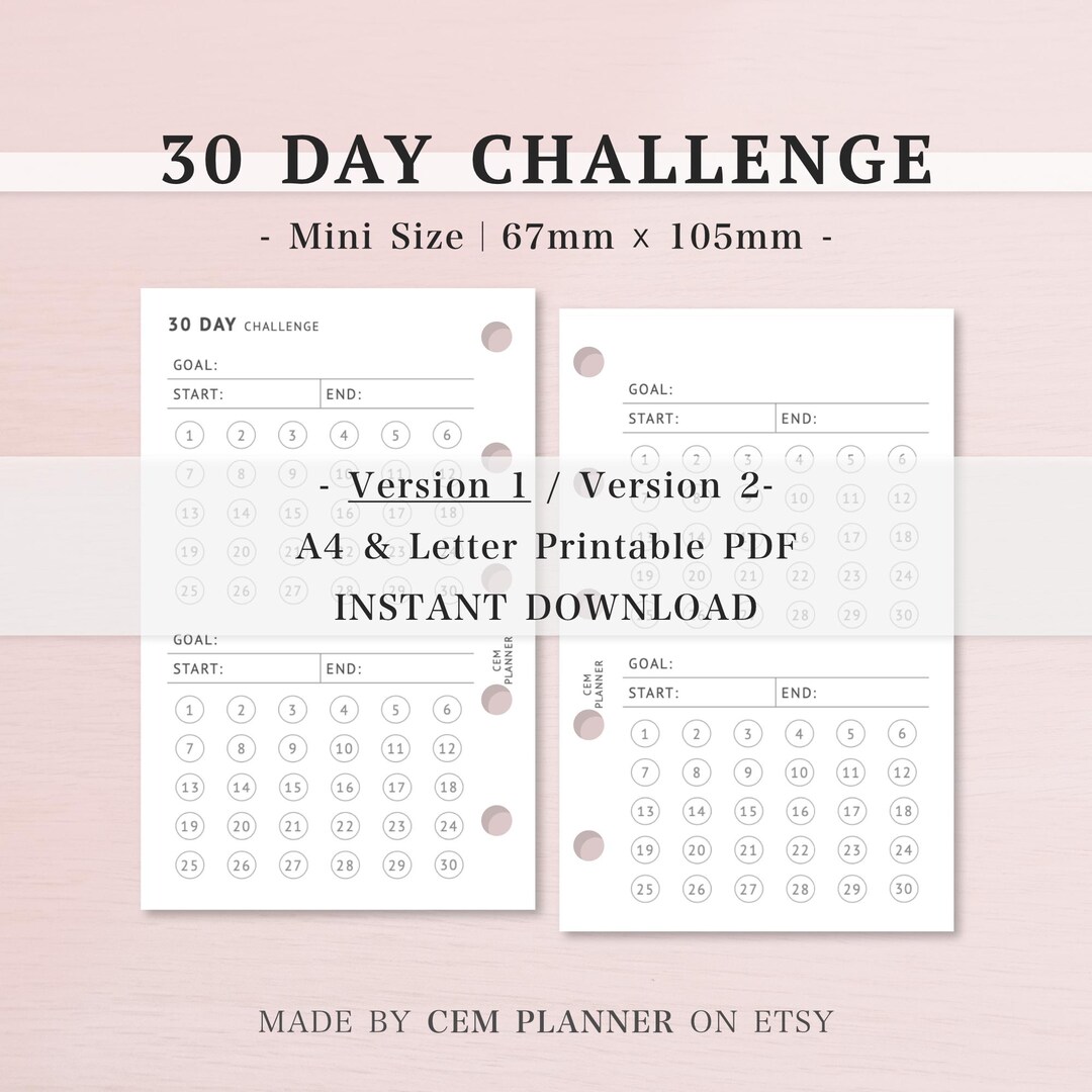 30 Day Challenge Planner Insert - Mini (m5) Size｜habit, Goals Tracker ...