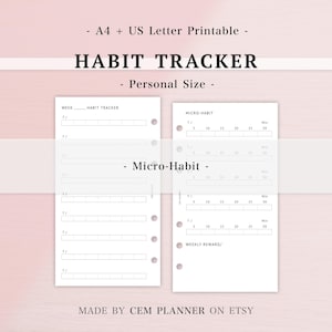 May include: A printable habit tracker with the text "HABIT TRACKER" and "Personal Size". The design includes sections for tracking habits, with spaces for weekly and micro-habit monitoring. The document is labeled as A4 and US Letter printable.