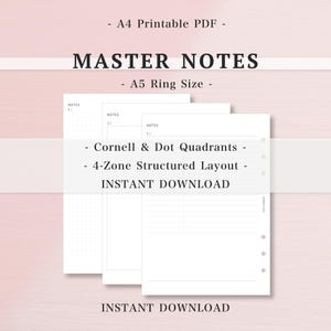 A5 Ring Planner Inserts, Quad Cornell Notes, 4 Quadrant Study Layout, Dot Grid & Lined PDF, University Research Log, Academic Note-taking