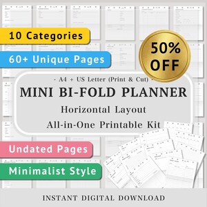 May include: A digital printable mini bi-fold planner kit featuring a horizontal layout with 10 categories and over 60 unique undated pages. The design includes A4 and US Letter print and cut options, presented in a clean, organized format.