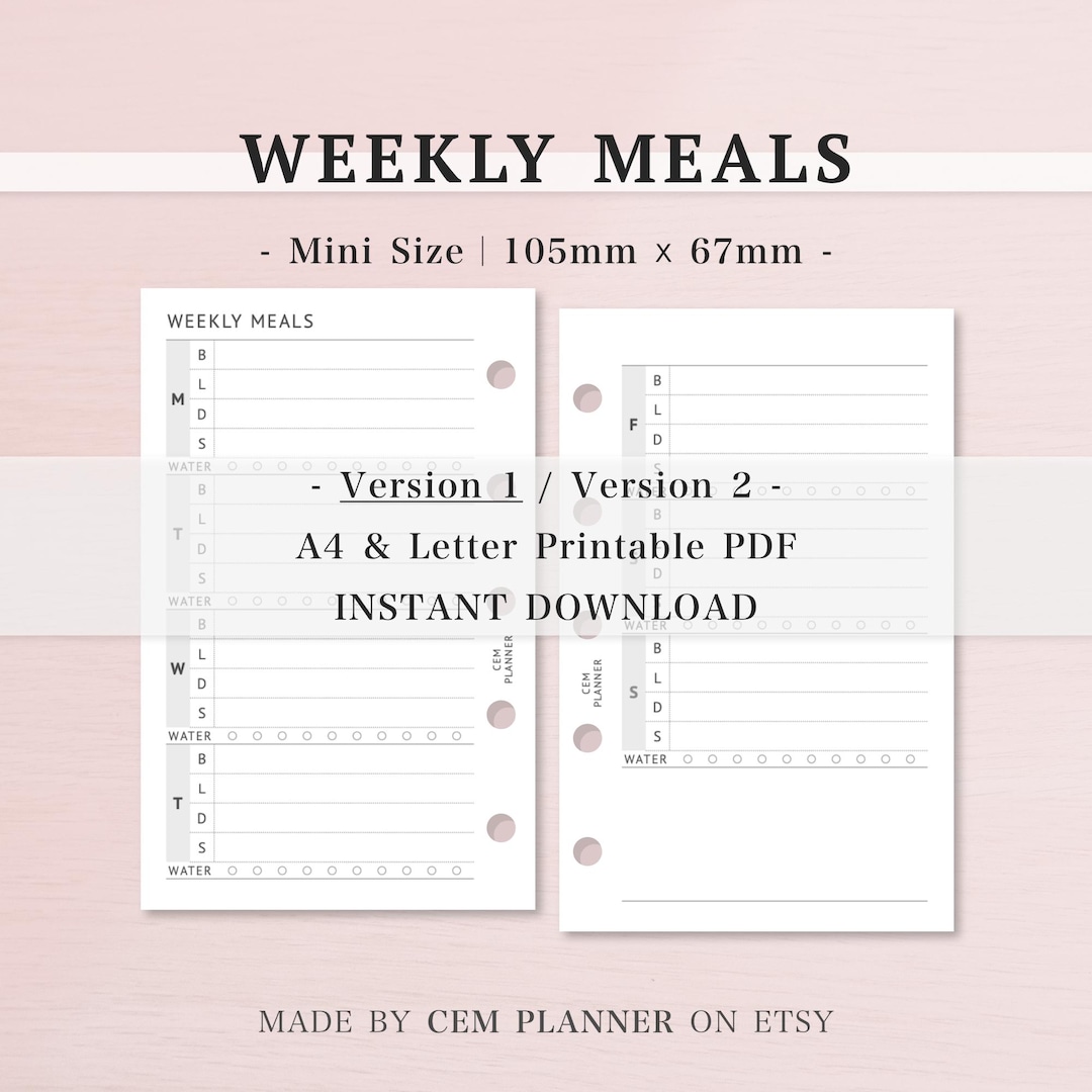 Weekly Meal Planner Insert - Mini (m5) Size｜food Diet Tracker, Menu ...