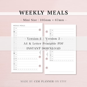 Planificador de comidas semanal (tamaño mini [m5]) | Plantilla de registro de dieta y menú | Descarga digital en PDF (tamaño A4 + Carta EE. UU.) | Hojas sueltas | 254
