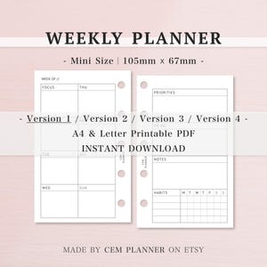 Wochenplaner｜Mini Undatierte Planer Einlage｜Prioritäten, To do, Notizen, Gewohnheiten Seiten｜4 Versionen｜ karierte, linierte, leere Notizen｜Digitaler Download PDF｜046