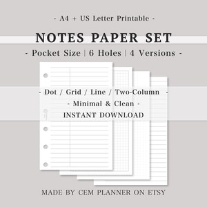 Grundläggande anteckningspappersset｜Fickstorlek 6 ringar｜Rutnät, punkt, linjerade, tvåkolumnssidor｜Vanlig, mall för anteckningar｜A4, US Letter utskrivbara bilagor｜52