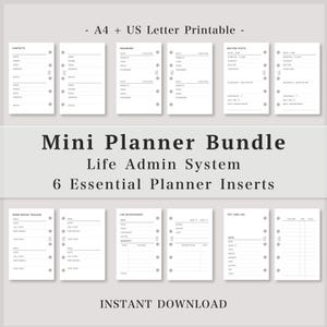 May include: A digital mini planner bundle featuring six essential printable inserts for life administration. The set includes templates for contacts, passwords, doctor visits, home repairs, car maintenance, and pet care, formatted for A4 and US Letter paper.