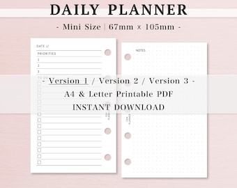 Invoegsel dagplanner: miniformaat, ongedateerd, prioriteiten, taken, notities, gelinieerde pagina's, rasternotities, losse bladen, vullingen, A4, afdrukbaar US Letter, 049