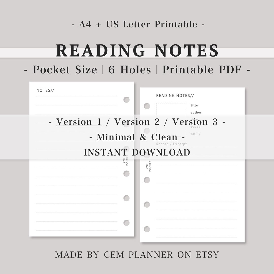 Reading Notes｜pocket Printable Inserts Template｜author, Rating, Excerpt ...