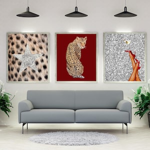 3 Glam Aesthetic Wall Art Printable Set – Leopard, Star Print & Heels with Martini | Fashion Poster Bundle | Digital and Printable Download