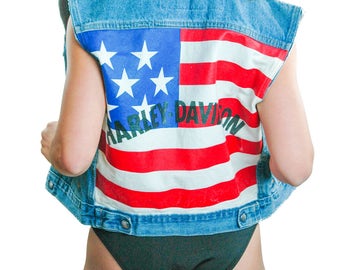 Vintage Harley Davidson Denim Jacket American Flag Denim Vest 1990s Motorcycle Biker Punk Rock Biker Battle Jacket Harley USA Heavy Metal