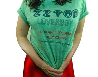 Vintage ZZ Top Shirt 1981 Loverboy Spokane Washington 1 Night Only 80s Tee Light Green 80s shirt Band Tee Concert Shirt Mega Rare  L