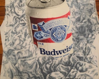 May include: White sleeveless shirt with a blue and white abstract pattern. A can of Budweiser beer is partially visible in the center of the shirt.
