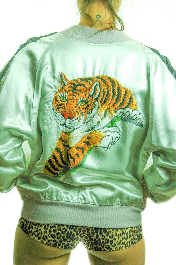 Vintage Tiger Jacket 1980s Silver Satin Jacket Igg