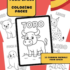 May include: A collection of coloring pages featuring animals from Spain, including a bear, seal, lynx, and bull. The pages are black and white line drawings with the animal names in large text. The words "Animals From Spain Coloring Pages" are at the top.