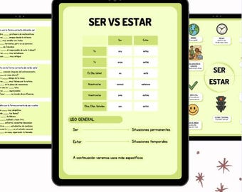 May include: Digital educational resource with the text "SER VS ESTAR" and explanations. The image shows a tablet with a table comparing the Spanish verbs "ser" and "estar", with examples and activities. The resource includes 4 pages of explanations and 5 activities.