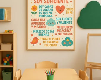 Póster de afirmaciones positivas en español para niños: Arte mural colorido para el aula y la guardería (descarga digital)