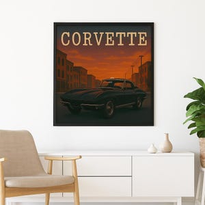 Vintage Corvette Horizontal Poster Art | Retro Car Decor, Gift for Car Lovers, Wall Art, Home Decoration, Classic Automobile Print