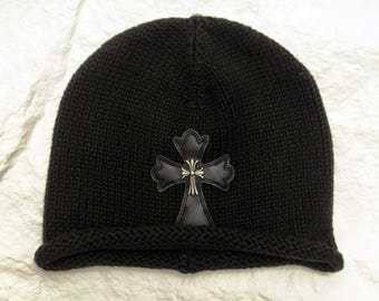 Chrome Hearts Ribbed Beanies With Leather Cross Patch, Designer