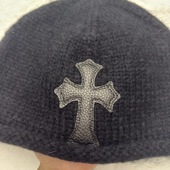 CH Style Wool Leather Cross Beanie, Winter Hat, Cross Skull Cap