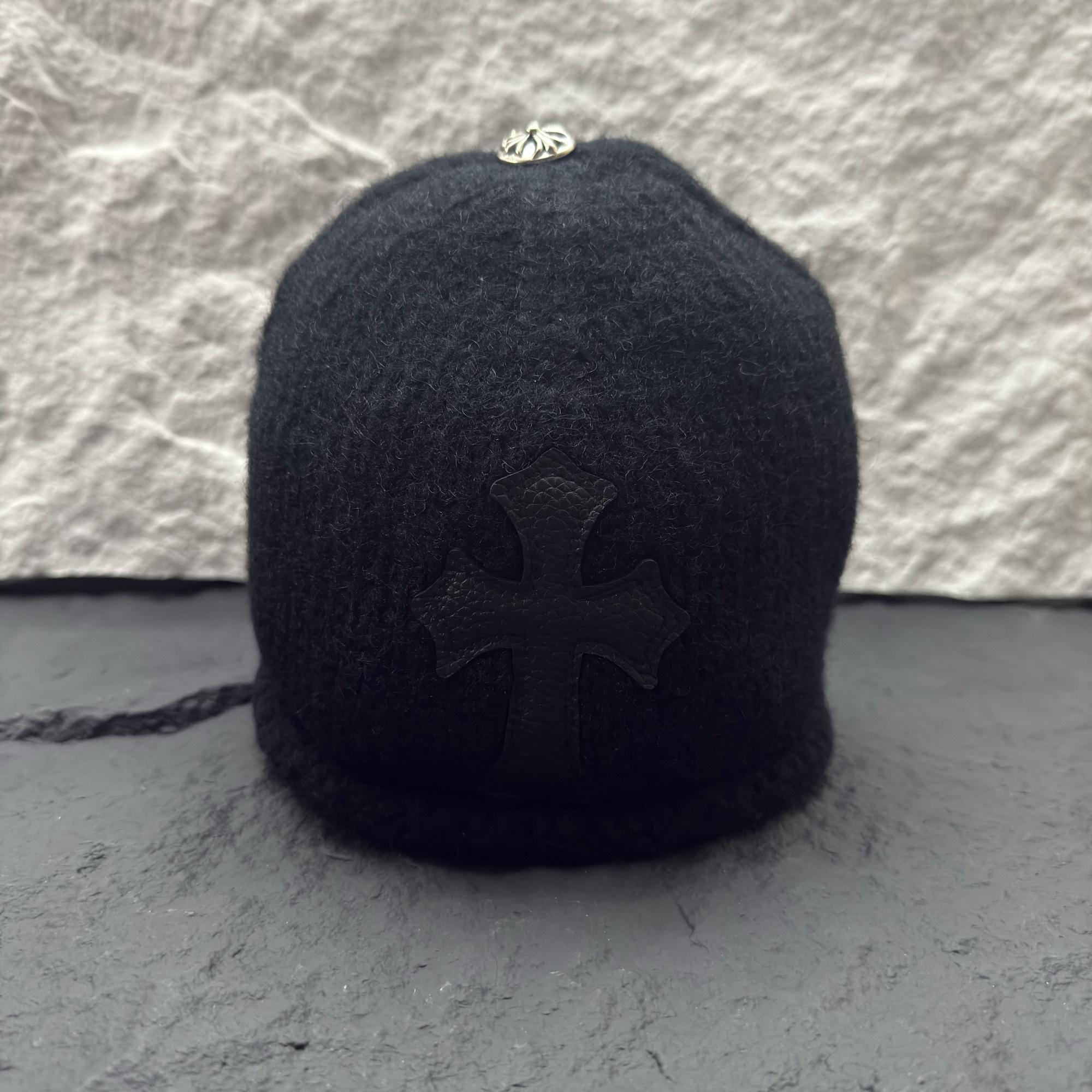CH Style Wool Leather Cross Beanie, Winter Hat, Cross Skull Cap
