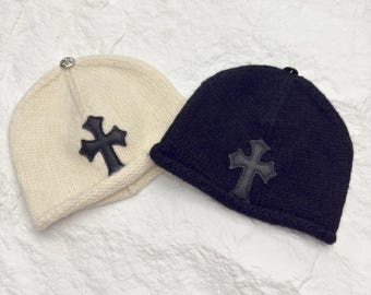 CH Style Knitted Cross Beanie With Black Leather Patch, Winter Hat