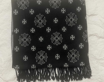 CH Style Scarf, Gothic Cross Pattern Shawl with Fringe, Unisex Winter Scarf, Black & Grey
