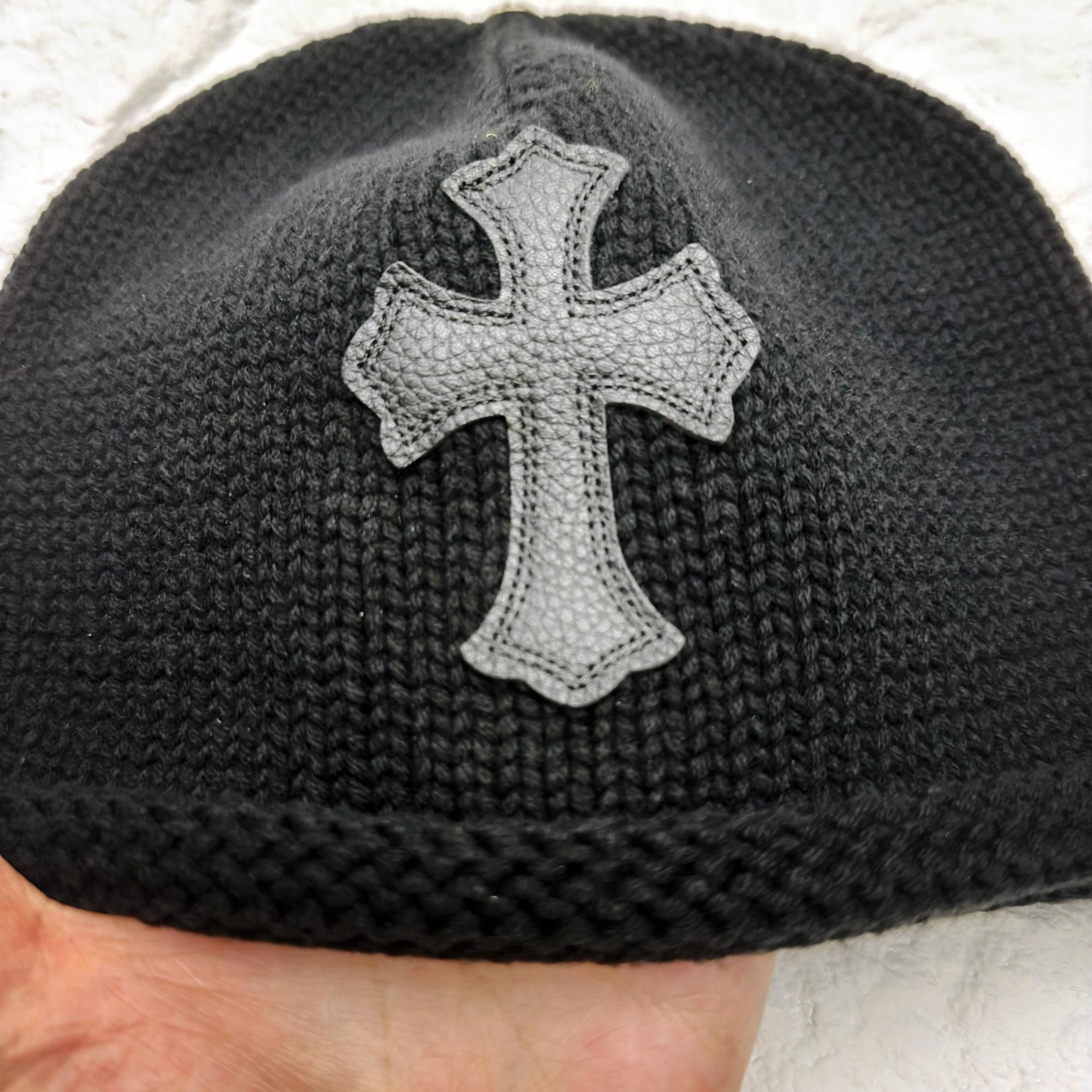 CH Style Knitted Cross Beanie With Black Leather Patch, Winter Hat
