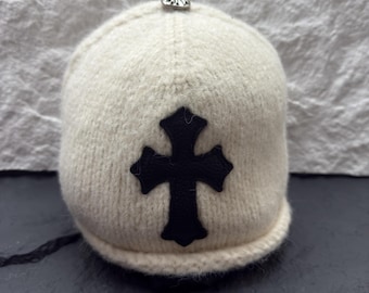 CH Style Knitted Cross Beanie With Black Leather Patch, Winter Hat