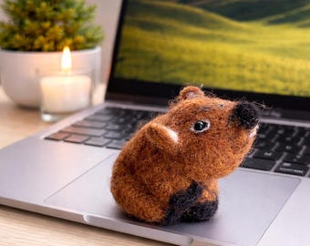 Handmade Needle Felted Wombat Sculpture – Australian Art Doll with Square Poop