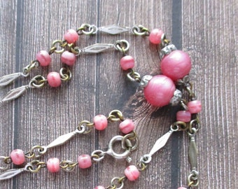 Antique Czech Pink Glass Bead Silver Ornate Link Chain Necklace Signed Czechoslovakia