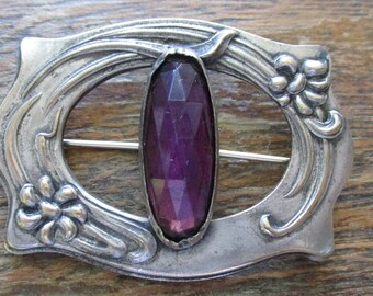 Antique Victorian Sash Pin Brooch Glass Amethyst Silver Plate Brass Base Metal