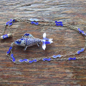 Vintage Chinese Export Koi Fish Pendant Chain Necklace Blue Enamel Articulating Pendant Signed SILVER