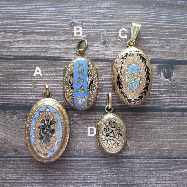 Antique Victorian Black Blue Enamel Gold Filled Locket Pendants Serpent Snake Morning Glory Lily Ivy Mourning Jewelry