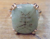 Vintage 10K Jadeite Jade Ring Chinese Symbol Character Size US 7 1 2 Carved Light Jade 10K Ring