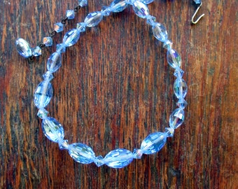 Vintage Light Blue Crystal AB Bead Necklace Adjustable 16 Inches