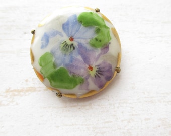 Antique Hand Painted Porcelain Gold Enamel Pin Violet Flower C Catch