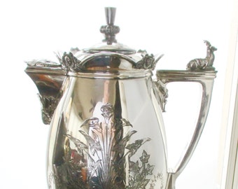 Antique Quadruple Silverplate Footed Iced Water Pitcher Ceramic Lined STIMPSON 1854 WILCOX