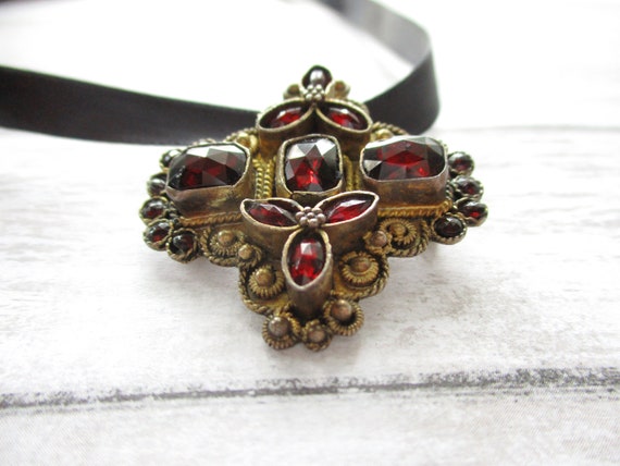 Vintage Sterling Red Glass Gold Washed Pendant Br… - image 6