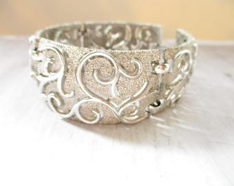 Vintage Crown Trifari Bracelet, Silver Tone Filigree Bangle, Mid Century Jewelry