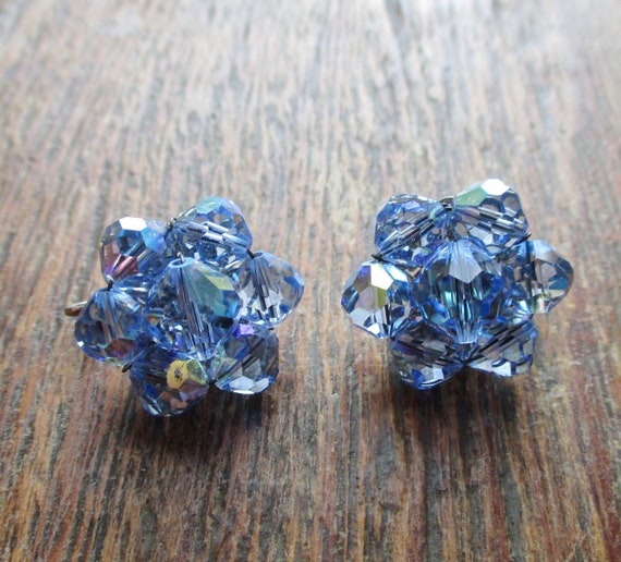 Vintage Blue AB Crystal Bead Earrings Clip On Ear… - image 1