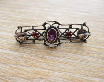 Antique Art Nouveau Edwardian Brooch Pin Silver Tone Purple Red Rhinestones