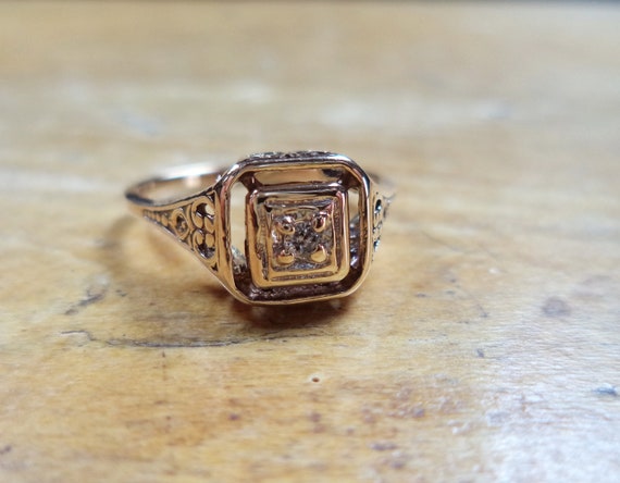 Art Deco Ring 10K Diamond Ring Yellow White Gold D