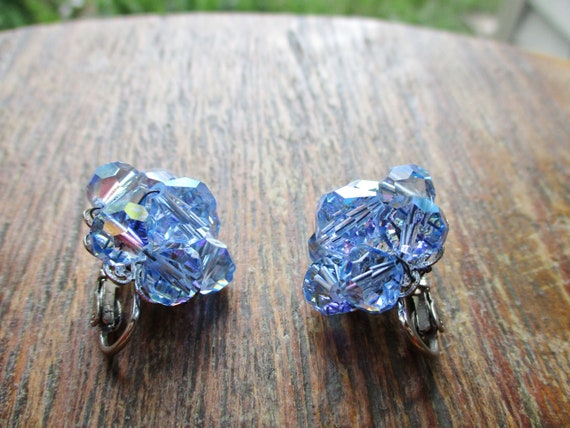 Vintage Blue AB Crystal Bead Earrings Clip On Ear… - image 2