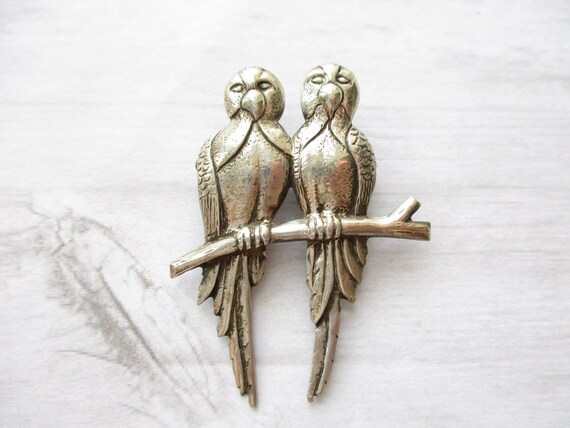 Vintage Sterling Love Birds Brooch Pin Parrots Exotic Birds