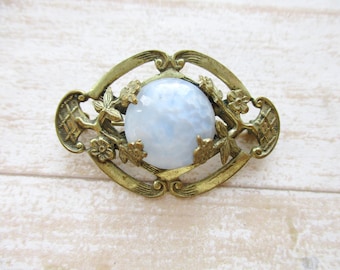 Vintage Art Nouveau Brass Brooch Oval Moonstone Glass Cabochon Pin Antique Victorian