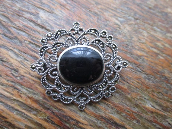 Vintage Edwardian Style Sterling Marcasite Onyx B… - image 1